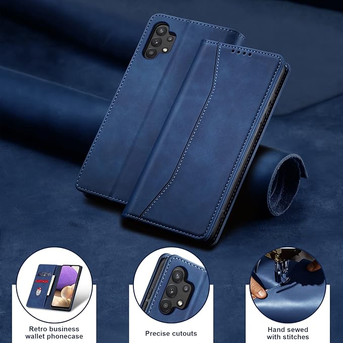 Jasonyu Flip Wallet Case for Samsung Galaxy A32 5G,Leather Magnetic Folio Cover with Card Holder,Kickstand - TPU Shockproof Durable Protective Phone Case,Blue