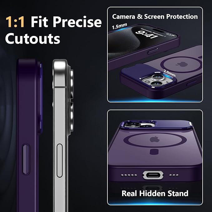 Innaght Magnetic for iPhone 15 Case with Stand,Compatible with MagSafe,Rugged,Heavy Duty,Protective Case Kickstand,[Built-in Invisible Stand],Purple
