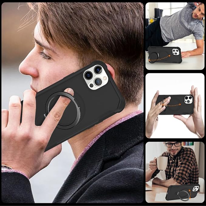 Designed for iPhone 12 Pro Max & 13 Pro Max Case with Magnetic Stand [Military Drop Protection][Compatible with Magnet] Shockproof 12 Pro Max & 13 Pro Max Phone Case with Ring Holder, Black