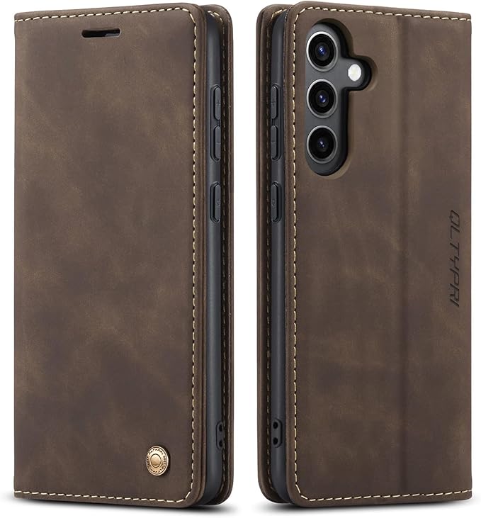 QLTYPRI Case for Samsung Galaxy S24, Vintage PU Leather Wallet Case Card Slot Kickstand Magnetic Closure Shockproof Flip Folio Case Cover for Samsung Galaxy S24 - Coffee Brown