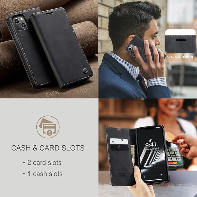 for iPhone 14 Case, Flip Wallet Leather Case with Card Holder Magnetic Closure Shockproof Kickstand Protective Phone Cases Cover for iPhone 14, Black