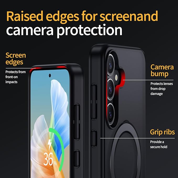 for Samsung Galaxy S25 Case,Compatible with Magsafe [Wireless Charging],with 360°Rotatable Magnetic Ring Stand Matte Translucent Slim Soft Edge Phone Kickstand,Black