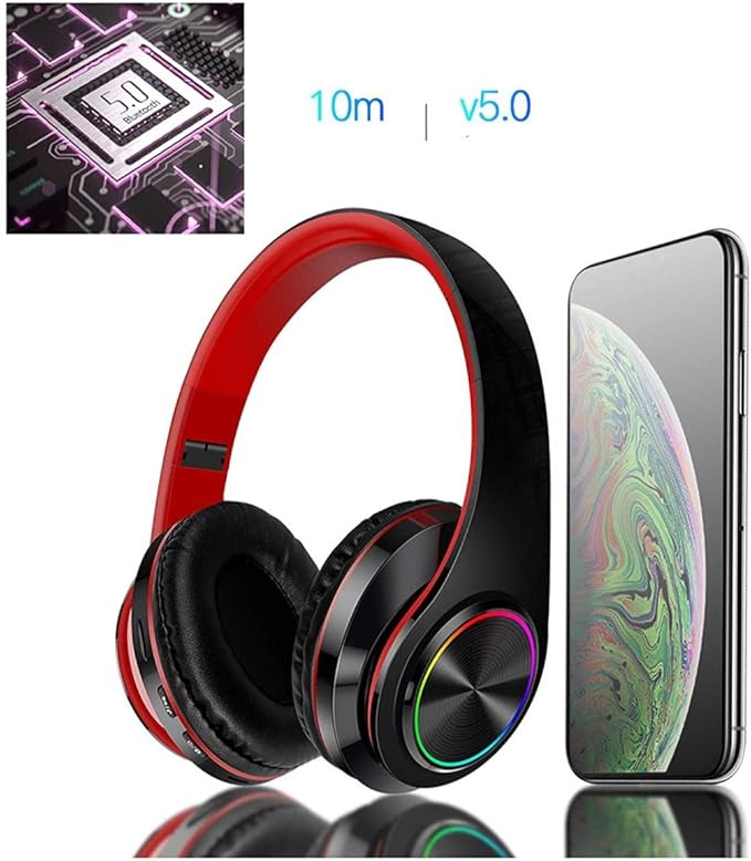 Bluetooth Over Ear Headphones, LED Lights Headphones with Built-in Mic, Light Weight, Bluetooth 5.0, Wireless Foldable HiFi Stereo Headphones for Classroom/Home/Office/PC/Mobile Phone (Black red)
