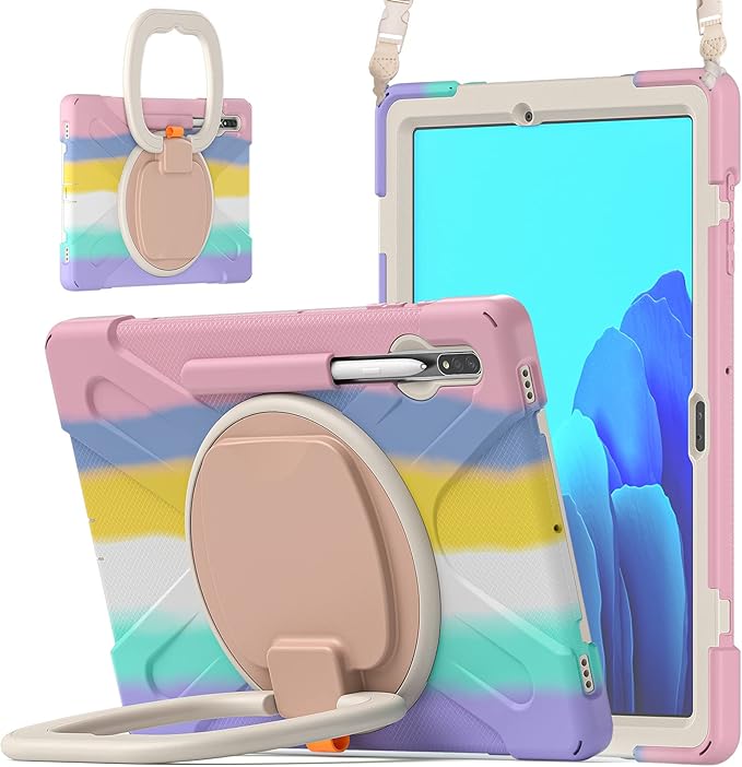 360 Rotation Portable Case for Galaxy Tab S8+/S7 FE/S7+ 12.4 Inch Case with S Pen Holder Rugged Case Rotating Stand Hand Strap Shoulder Carrying Strap Outdoor Cover (Colourful Pink)