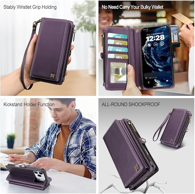 for iPhone 17 Pro Wallet Phone Case with 7 Card Holder,RFID Blocking | PU Leather | Kickstand | Flip | Wrist Strap&Shoulder Strap | Shockproof | Zipper Wallet | Women Men | 6.3" | Purple