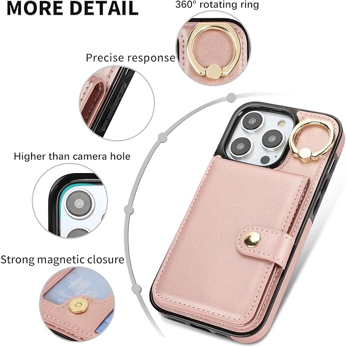 Compatible iPhone 16 Pro Max Wallet Case with Card Holder RFID Blocking PU Leather Wallet Unisex Flip Shockproof Protection with Card Slots Ring Wrist Kickstand Function,Rose Gold