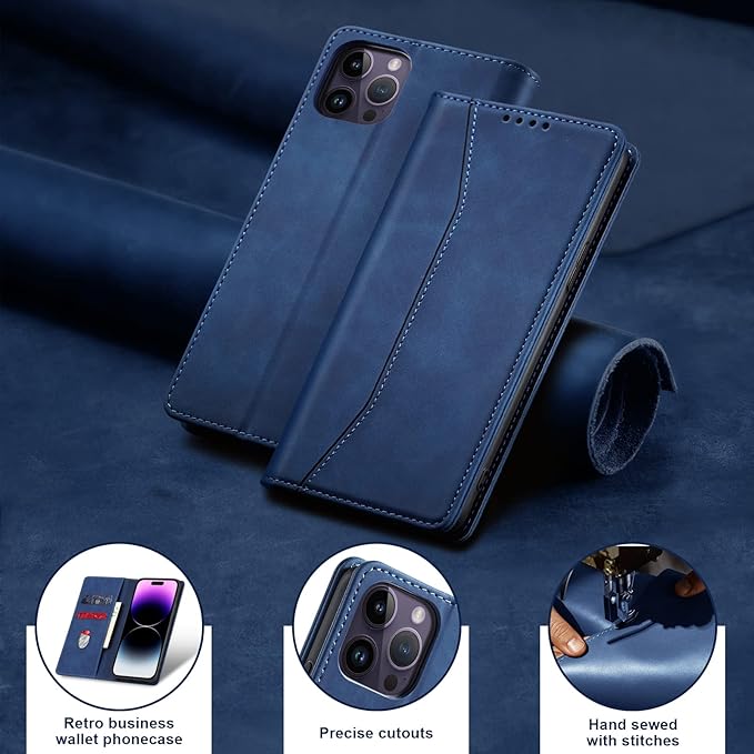 Jasonyu Flip Wallet Case for iPhone 14 Pro Max 5G,Leather Magnetic Folio Cover with Card Holder,Kickstand - TPU Shockproof Durable Protective Phone Case,Blue