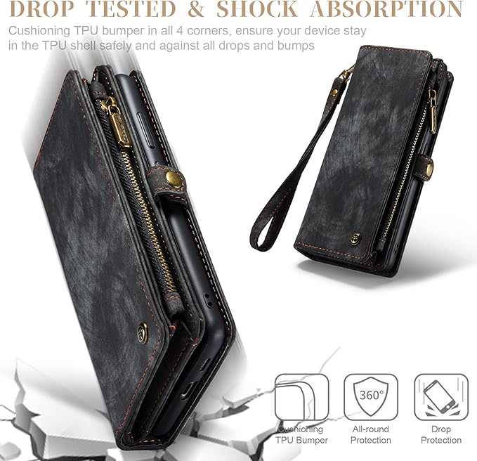 SZHAIYU 2 in 1 Detachable for Samsung Galaxy S23 Wallet Case with Card Holder, Retro Premium Flip Leather Cover Magnetic Zipper Pocket Phone Cases 6.1'' (Black,S23)