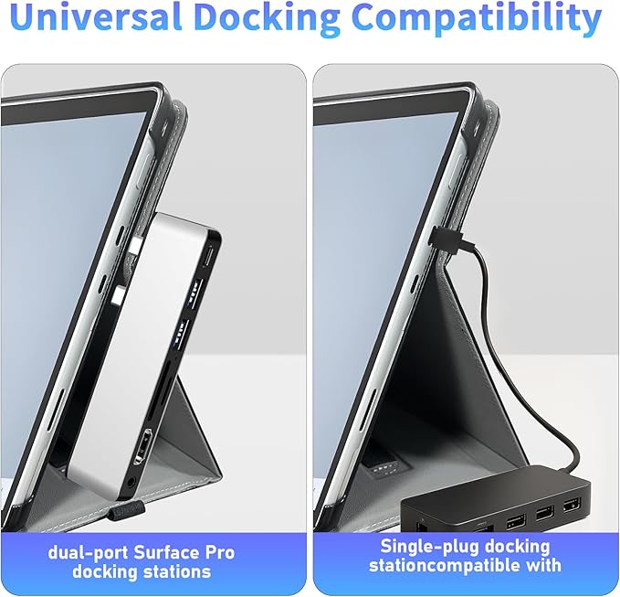 Case for Surface Pro 11/10/9/8, 13 Inch PU Leather Protective Cover with Honeycomb Cooling, Multi-Angle Stand, Stylus Holder, Front Pocket & Hand Strap, Durable Business for Tablet (Black)