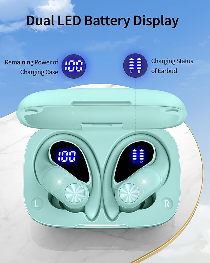 PocBuds Bluetooth Headphones Wireless Earbuds 80hrs Playtime Wireless Charging Case Digital Display Sport Ear buds with Earhook Deep Bass IPX7 Waterproof Over-Ear Earphones for Phone Laptop Mint Green