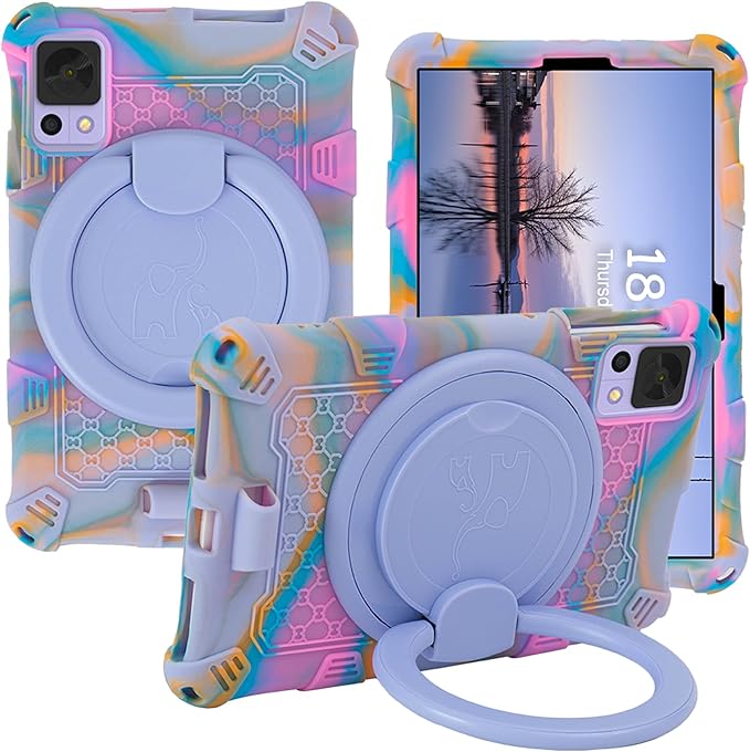 Tablet Case for ALLDOCUBE iPlay 50 Mini/60 Mini/DOOGEE T20 Mini/TCL/Samsung Galaxy Tab A 8.4 inch Soft Anti-Stress Silicone Case with Rotate Stand/Pencil Holder/Shoulder Strap/Pen (Colorful Purple)