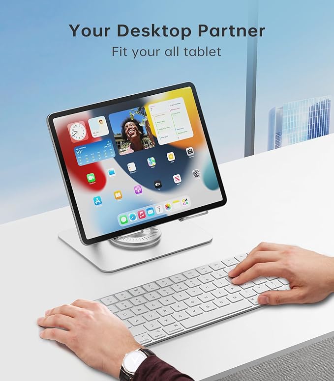 Tablet Stand Adjustable with 360° Swivel Base Aluminum Tablet Stand Holder for iPad/Samsung/iPad Pro Air Mini/Galaxy/Switch, Sliver