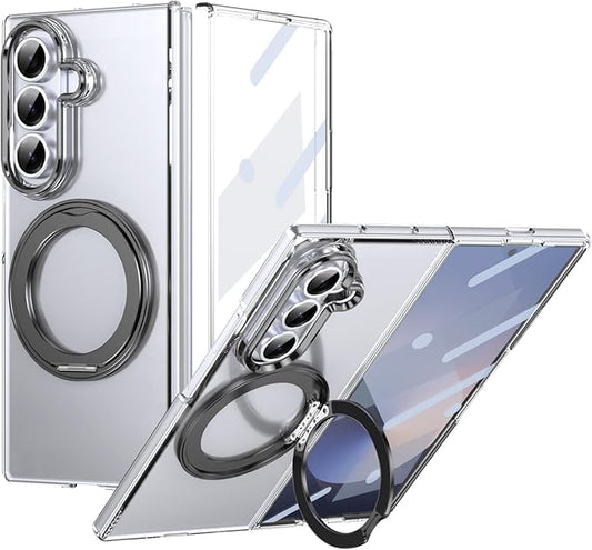 for Samsung Galaxy Z Fold 7 Case with Magnetic Ring Holder, 360 Rotating Bracket, Built-in Front Screen Len Protector, Anti-Yellowing & Anti-Fingerprint Crystal Clear Case.(Black)