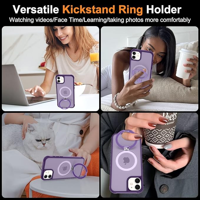Magnetic Compatible with iPhone 11 Case with Stand [Military Grade Drop Tested][Compatible with Magnet] Ring Translucent Slim Hard Back Soft Edge, Purple