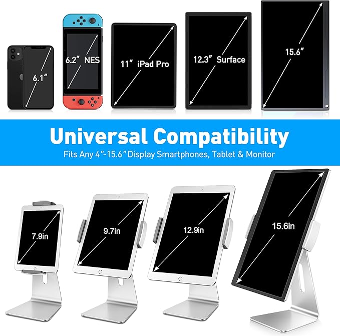 AboveTEK Elegant Tablet Stand, Aluminum iPad Stand Holder, Desktop Kiosk POS Stands for 7-15.6 inch iPad/Portable Monitor, Tablet Mount for Showcase Office Reception Countertop