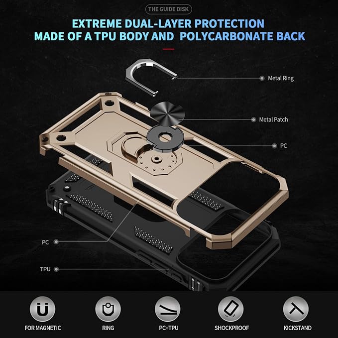 ADDIT Compatible with iPhone 17 Pro Max Case with Tempered Glass Screen Protector, Adjustable Kickstand Ring, Military-Grade Heavy Duty Protection, Shockproof, Anti-Fingerprint,Gold