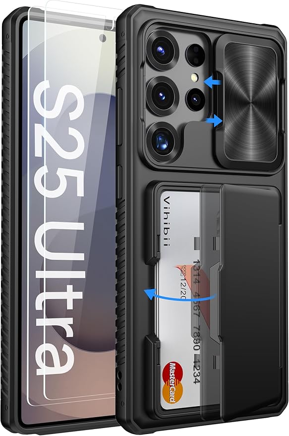 Vihibii for Samsung Galaxy S25 Ultra Case with Card Holder (4 Cards), Built-in 2X Tempered Glass Screen Protector & Slide Camera Cover, Rugged & Shockproof Wallet Case for S25 Ultra 6.9" 2025, Black