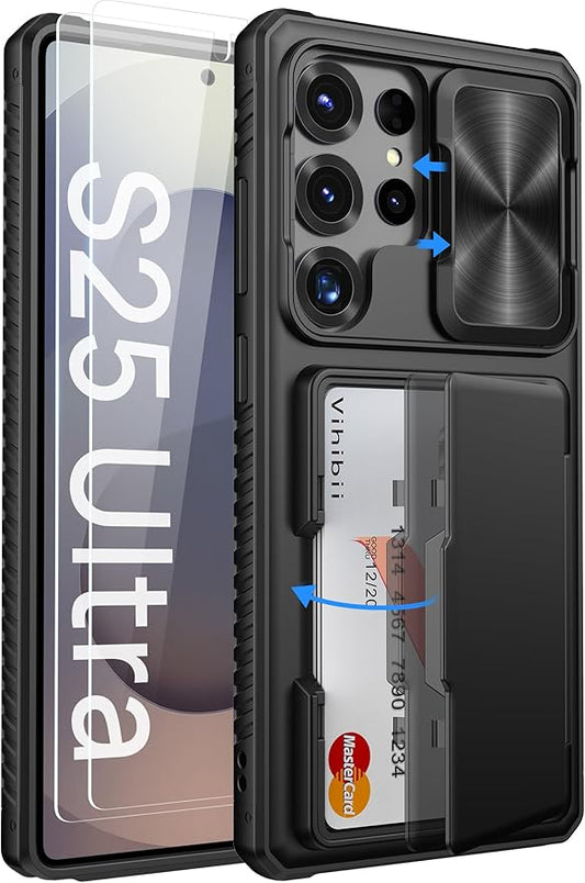 Vihibii for Samsung Galaxy S25 Ultra Case with Card Holder (4 Cards), Built-in 2X Tempered Glass Screen Protector & Slide Camera Cover, Rugged & Shockproof Wallet Case for S25 Ultra 6.9" 2025, Black