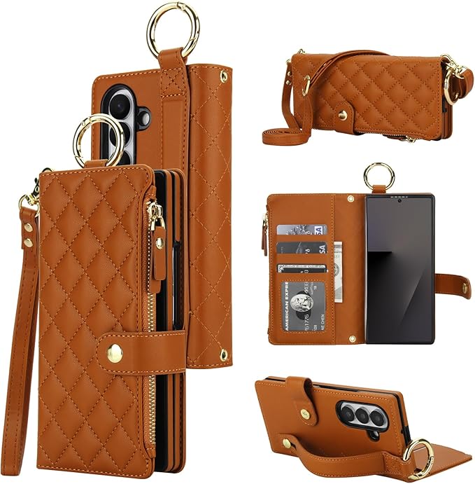 KIHUWEY for Galaxy Z Fold 7 Wallet Case with Card Holder Premium Leather Magnetic RFID Blocking Shockproof Zipper Wrist Strap Lanyard Cover for Samsung Galaxy Z Fold 7 8.0 Inch (Brown)
