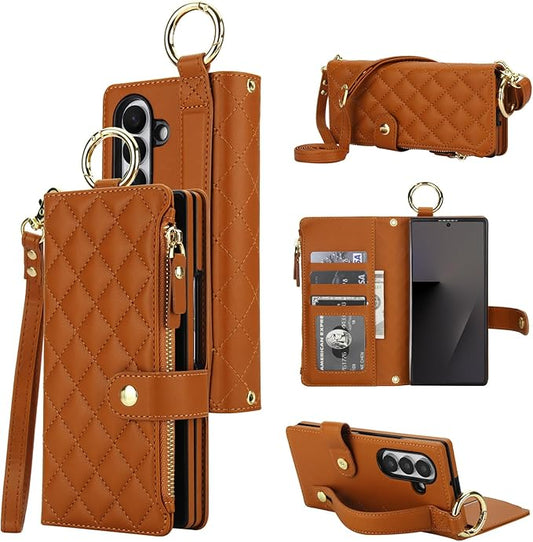 KIHUWEY for Galaxy Z Fold 7 Wallet Case with Card Holder Premium Leather Magnetic RFID Blocking Shockproof Zipper Wrist Strap Lanyard Cover for Samsung Galaxy Z Fold 7 8.0 Inch (Brown)