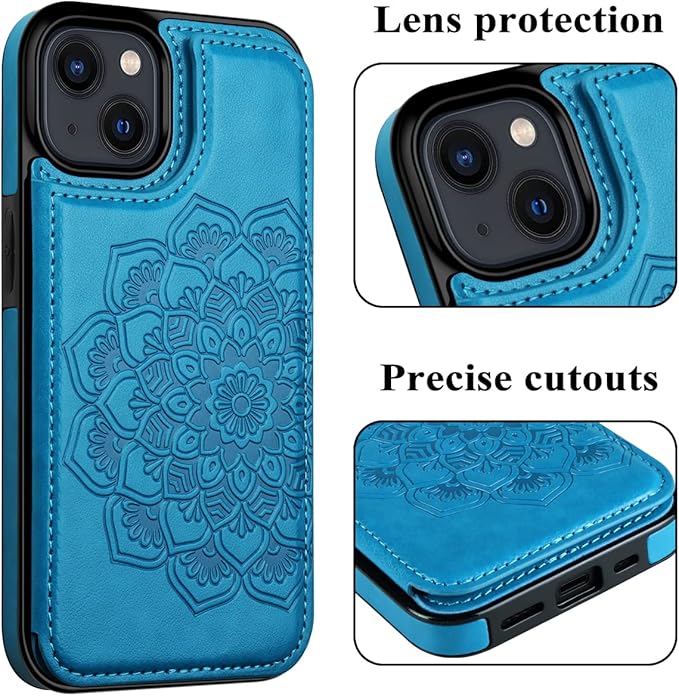 MMHUO for iPhone 14 Case with Card Holder, Flower Magnetic Back Flip Case for iPhone 14 Wallet Case for Women, Protective Case Phone Case for iPhone 14,Blue
