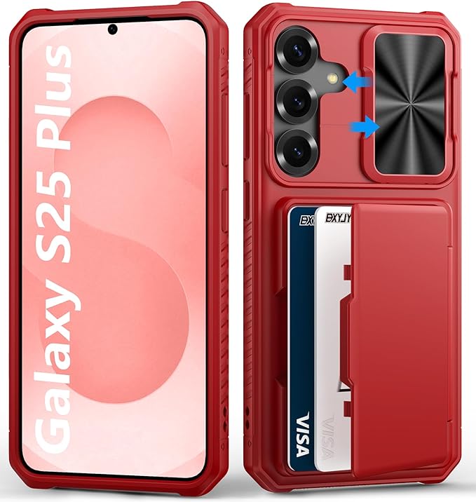for Samsung Galaxy S25+ Plus Case Wallet, Card Holder (4-5 Cards), RFID Block, Slide Camera Cover & Military Grade Drop, Hard Heavy Duty Men Women Phone Cases for Samsung Galaxy S25+ Plus, Red