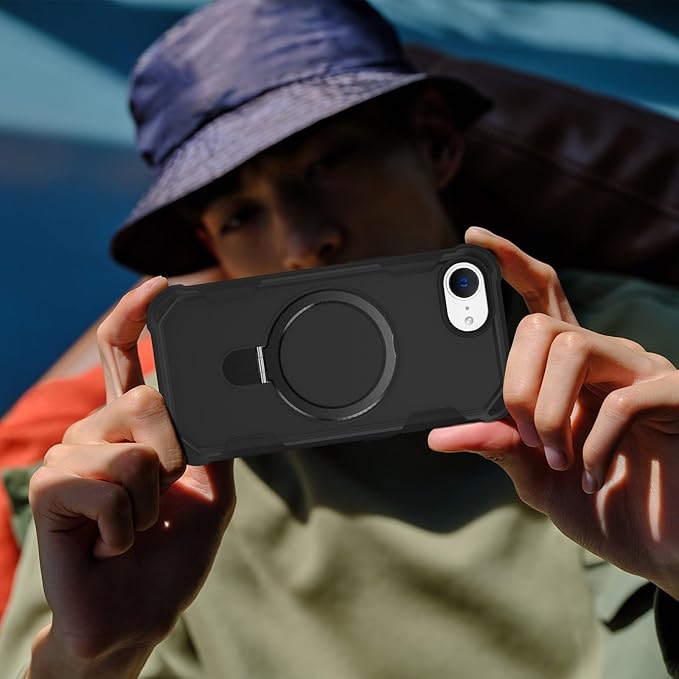 Designed for iPhone 16E Case with Magnetic Stand [Military Drop Protection][Compatible with Magnet] Shockproof 16E Phone Case with Ring Holder, Black