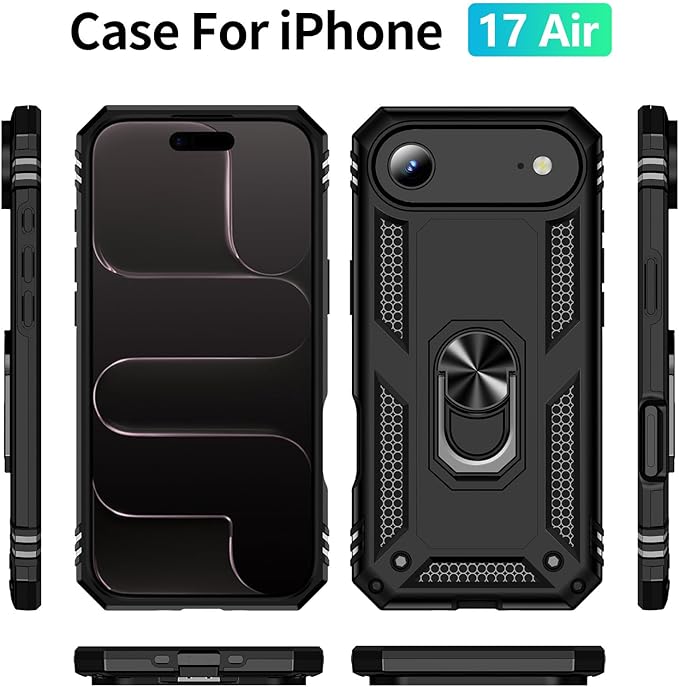 ADDIT Compatible with iPhone 17 Air Case with Tempered Glass Screen Protector, Adjustable Kickstand Ring, Military-Grade Heavy Duty Protection, Shockproof, Anti-Fingerprint, Black