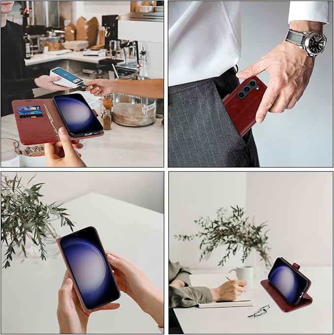 MONASAY Wallet Case Compatible for Galaxy S23+Plus 5G,[RFID Blocking] Flip Folio Leather Cell Phone Cover with Credit Card Holder，6.6 inch, Burgundy