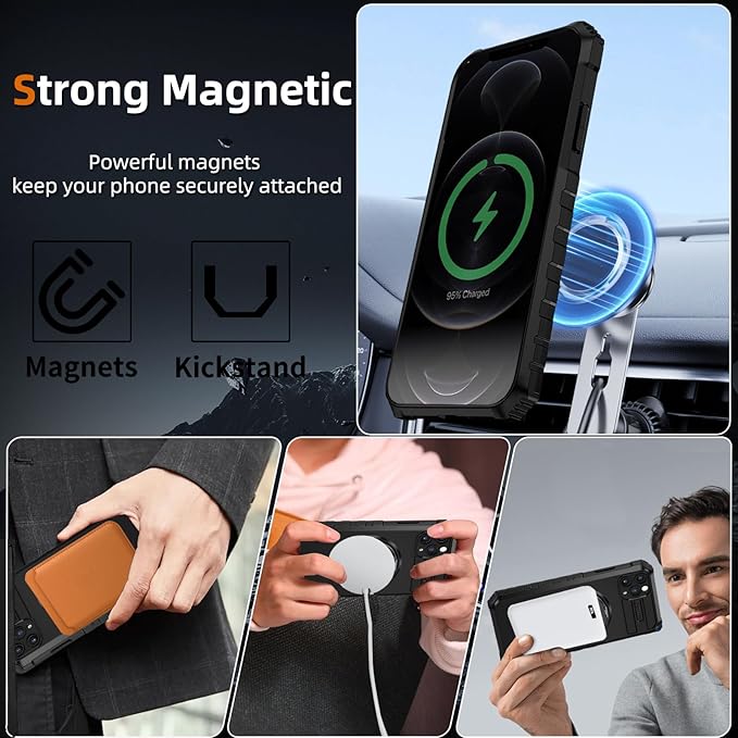for iPhone 12 Pro Case Compatible with MagSafe Magnetic,with 2 Screen Protectors,Built-in 360° Kickstand Ring,Military Grade Drop Shockproof Heavy Duty Protection for 12 Pro Phone Case Black