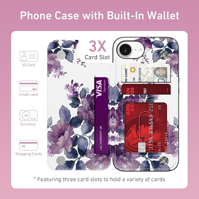 FUNMIKO for iPhone 16e Wallet Case with Card Holder, RFID-Blocking, Military-Grade Protection & UV-Printed Artwork, Magnetic Closure with Leather Kickstand - Elegant Purple Floral