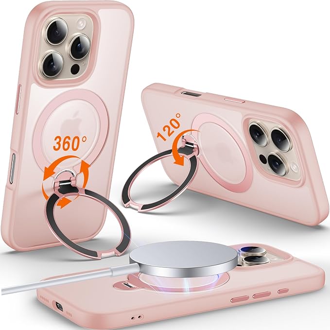 360° O-Ring MagStander for iPhone 16 Pro Case with Magnetic Kickstand Ring Holder [Compatible with MagSafe][360°Rotate Stand Ring][Military Shockproof] iPhone 16 Pro Phone Cover Matte Pink