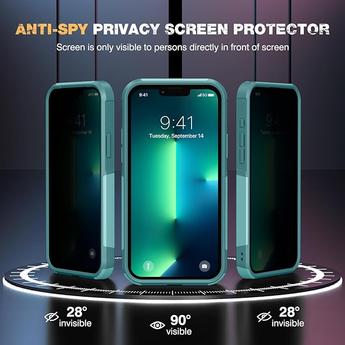 Diaclara Designed for iPhone 13 Pro Max Case, [with Privacy Screen Protector] [Anti Spy] [Military Grade Drop Protection] Heavy Duty Full-Body Shockproof Phone Case, Mint Green