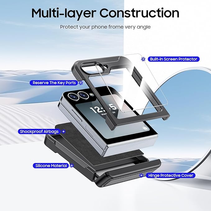 CENMASO for Samsung Galaxy Z Flip 6 Case/Z Flip 7 FE Case with Card Holder [RFID Blocking] & Hinge Protection & Screen Protector, Full-Body Shockproof Phone Case for Z Flip 6/Z Flip 7 FE-Black