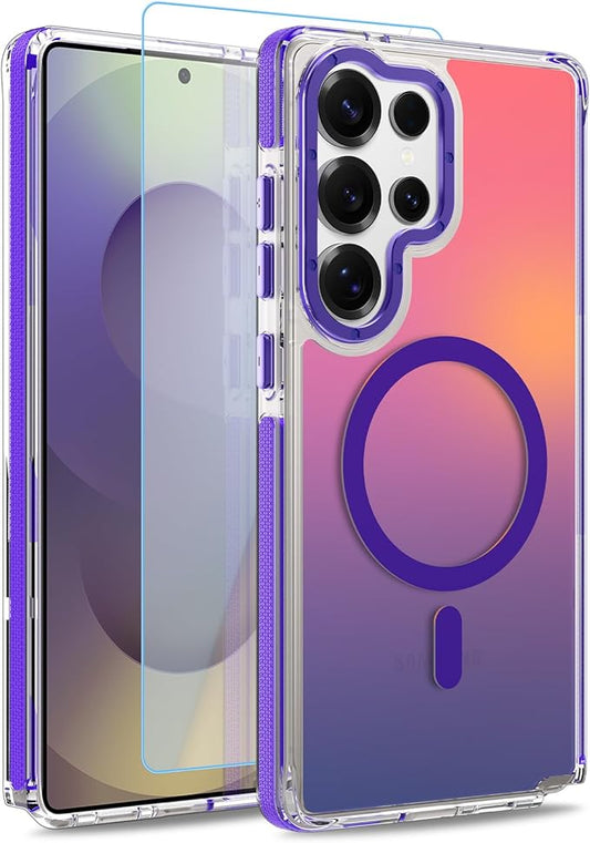 MOWIME Magnetic Case for Samsung Galaxy S25 Ultra [Compatible with Magsafe] [Cute Fashion Fluorescent Design] [1 Screen Protector] Slim Translucent Matte Case for Galaxy S25 Ultra 6.9", Purple