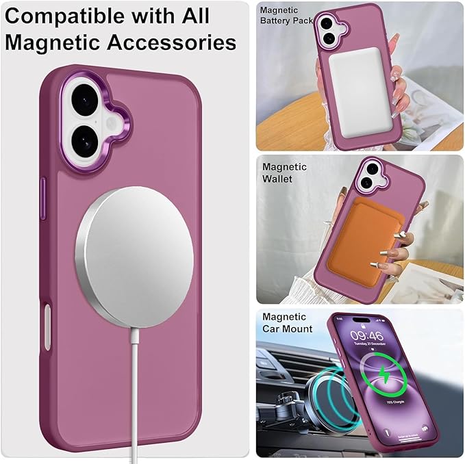 ZIYE Wine Red Case for iPhone 16 Case with Stand [Compatible with MagSafe] Slim Heavy Duty Protection Military Grade Shockproof Magnetic Cover with 360 Rotatable Ring Kickstand for Women Men