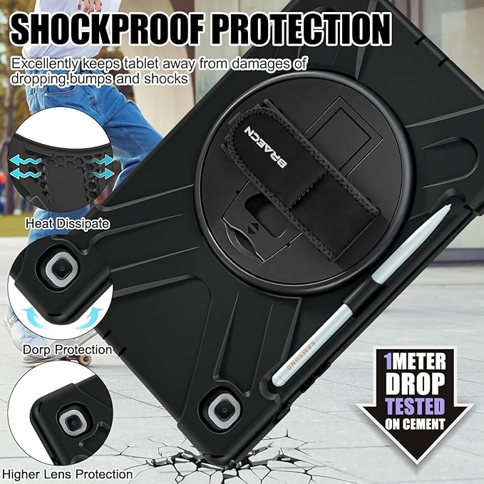 BRAECNstock for Samsung Galaxy Tab S6 Lite Case 10.4 Inch 2024/2022/2020 (SM-P620/P610/P619) Shockproof Rugged Protective Tab S6 Lite Kids Case with Pencil Holder, Rotating Stand & Hand Strap - Black