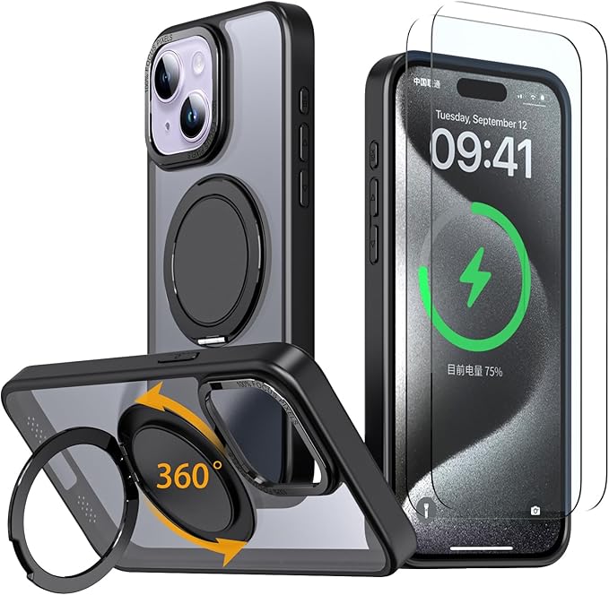 Magnetic Stand Case for iPhone 13/14 [with 2 Tempered Glass Film] [360° Rotation Magnetic Stand] [Compatible with Magsafe] Military-Grade Drop Protection Case, Black