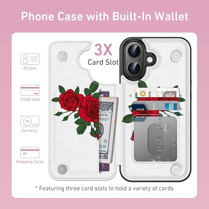 FUNMIKO for iPhone 16 Wallet Case with Card Holder, RFID-Blocking, Military-Grade Protection & UV-Printed Artwork, Magnetic Closure with Leather Kickstand - Blooming Red Rose