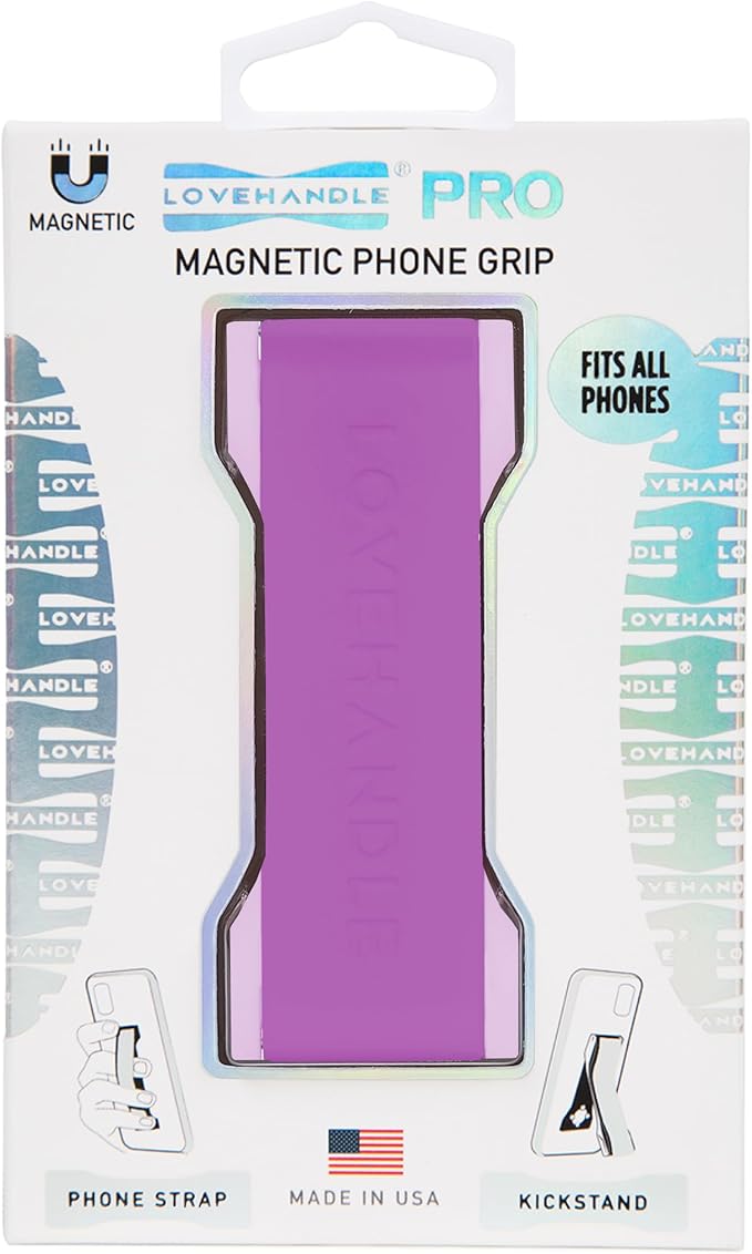 LOVEHANDLE PRO Premium Phone Grip - Silicone Phone Strap - Magnetic Phone Mount and Kickstand for Smartphone and Tablet - Electric Purple Silicone on Lavender Base