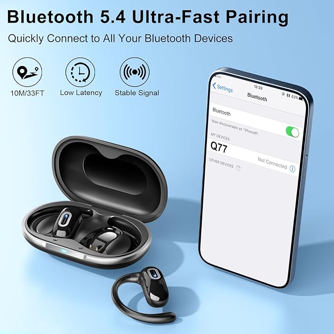 Open Ear Headphones, Bluetooth 5.4 Wireless Earbuds, 50H, Air Conduction Ear buds, HD Stereo Bass Over Ear Earphones with Earhooks, Ultra-Comfort Secure Fit, IPX7 Waterproof Headset for Working Sports