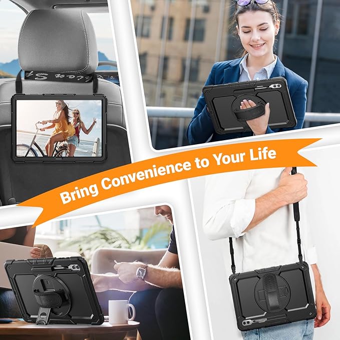 SEYMAC for Samsung Galaxy Tab S10 Ultra 2024/ S9 Ultra/ S8 Ultra Case 14.6 Inch, Heavy Duty Shockproof Protective Case with Screen Protector, Stand, Hand/Shoulder Strap and Pen Holder, Black