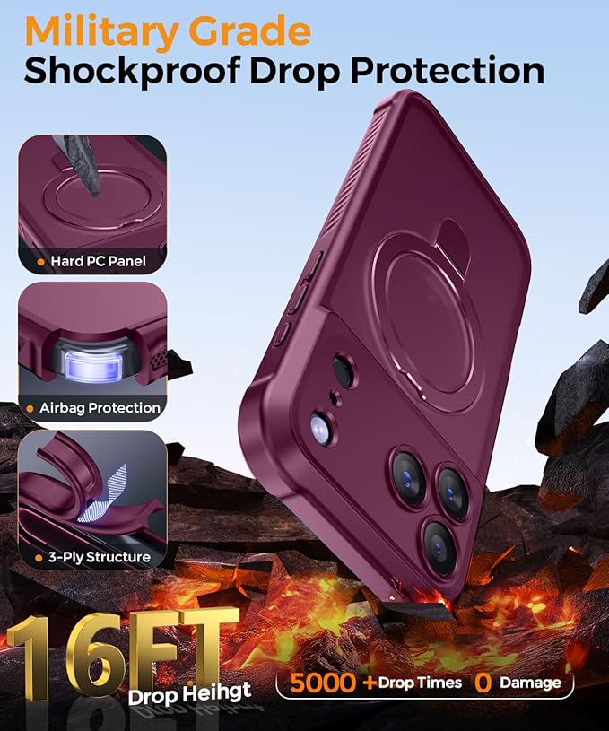 MOCCA Compatible with iPhone 17 Pro Max Case with Magnetic Invisible Stand [Full Camera Protection] [Compatible with Magsafe] Military Drop Shockproof Translucent Matte Phone Case Cover 6.9",Wine Red