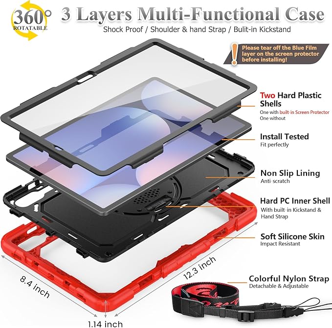 SEYMAC Stock Case for Samsung Galaxy Tab S10 Plus/S9 Plus 5G Tablet 12.4'' with Screen Protector & Pencil Holder, 360 Rotating Hand Strap & Stand, Drop-Proof, Red