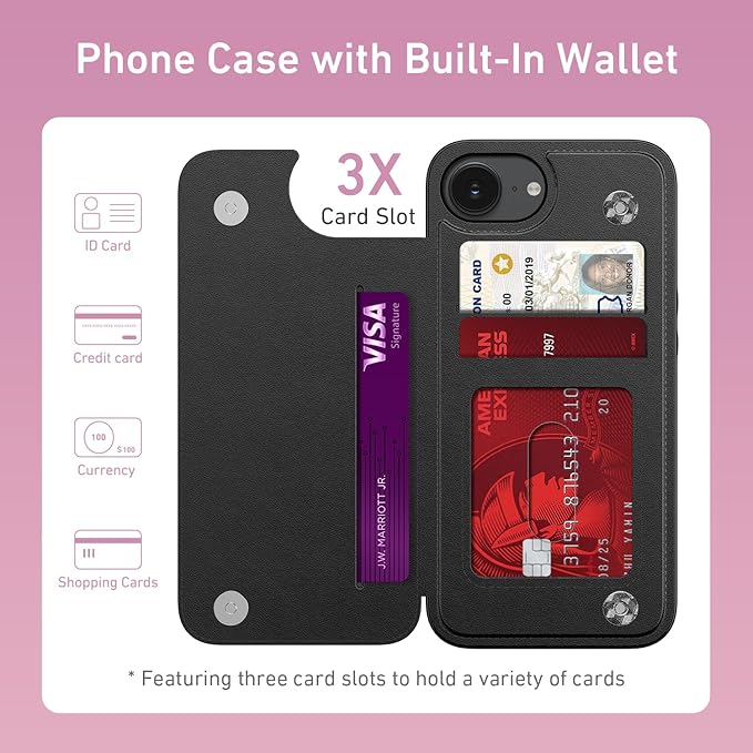 FUNMIKO for iPhone 16e Wallet Case with Card Holder, RFID-Blocking, Military-Grade Protection & UV-Printed Artwork, Magnetic Closure with Leather Kickstand - Black