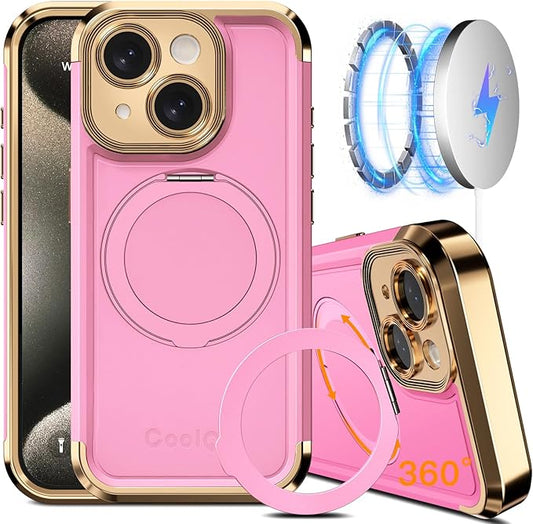 COOLQO for iPhone 14 Case 6.1'' Upgraded 360° Spin Magnetic Stand [Compatible with Magsafe][Military Grade Drop Protection] Shockproof Protective Phone Holder Cover for iPhone 14, Pink Gold