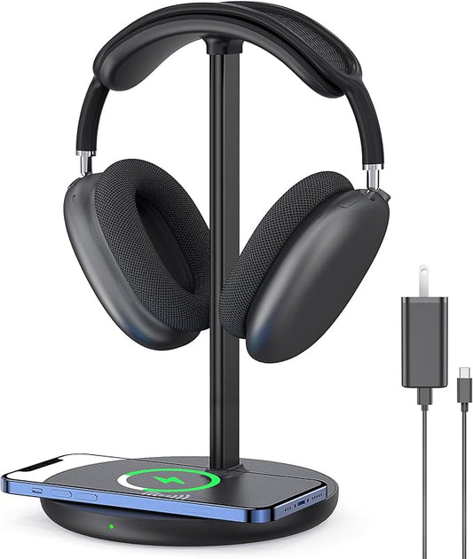 Headphone Stand with Wireless Charger, Gaming Headset Holder Hanger Rack 2 IN 1 Wireless Charging Station Dock for iPhone 15/14/13/12/11 Series, Samsung, AirPods Pro/3/2 and Desk All Headphones, Black