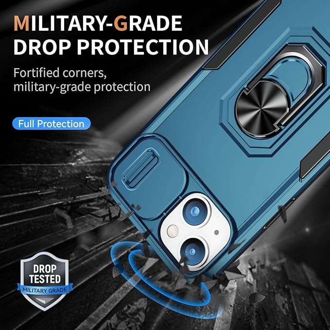 Phone Case for iPhone 14 Plus Case with Kickstand Ring Holder, with Camera Cover, with Magnetic Car Mount Function, for iPhone 14 Plus - Blue