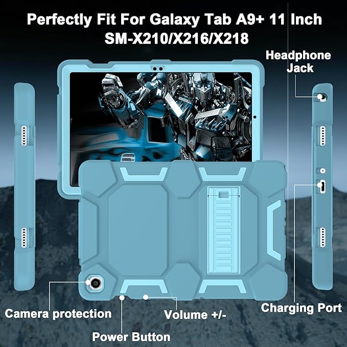 CCMAO Case for Samsung Galaxy Tab A9+ 10.9”(SM-X210/X216/X218), Heavy Duty Shockproof Hard Hybrid Three Layer Protective Cover with Kickstand for Galaxy Tablet A9 Plus 2023 Model for Kids, Blue+Green