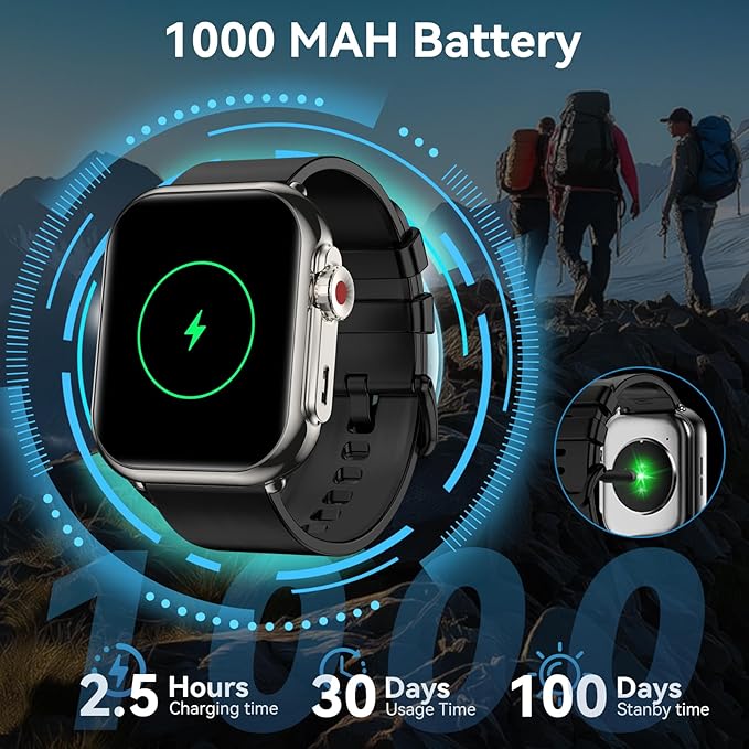 Smart Watch for Men Women, 1000 mAh 100 Day Battery Life, 1.85" Fitness Tracker Bluetooth Call/Make Calls, IP68 Waterproof, 120+ Sport Modes, 24/7 Heart Rate/Sleep Monitor Fitness Watch, iOS/Android